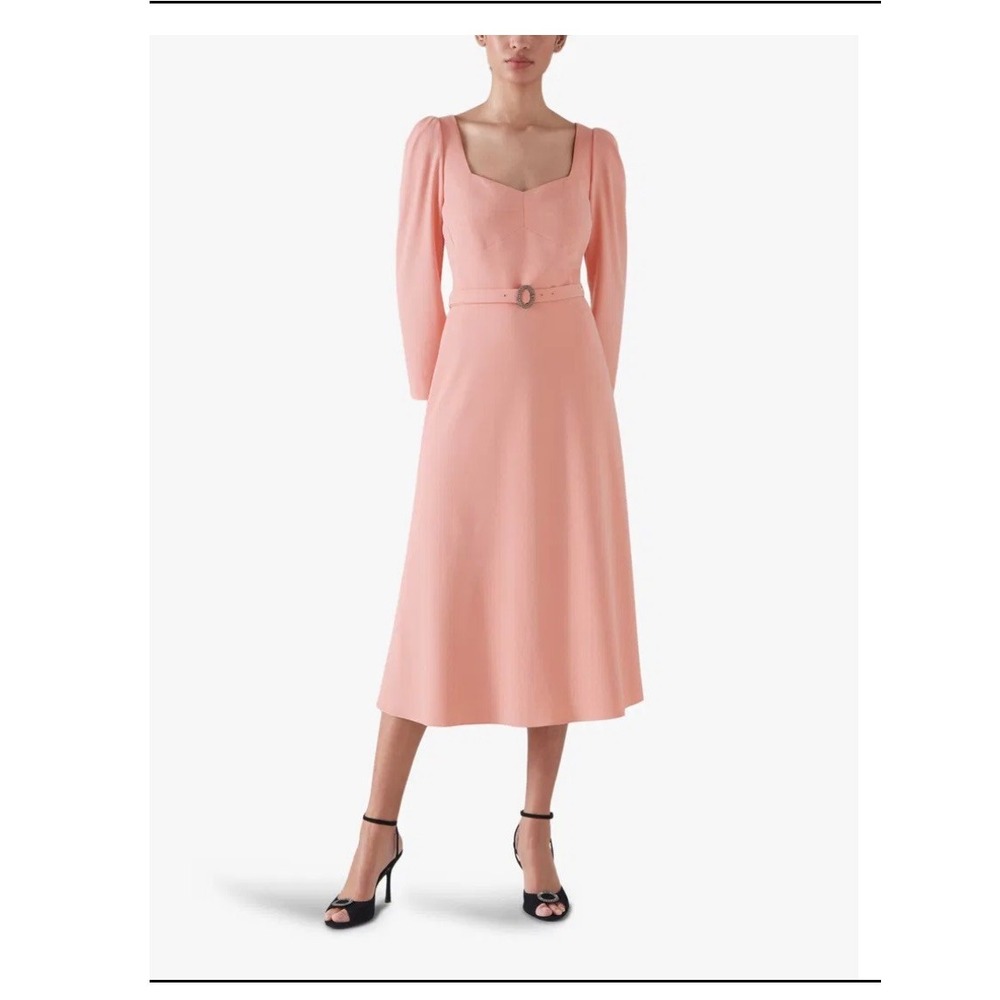 LK Bennett DR Katerina Peach Long Sleeve Belted Midi Dress USA 10 UK 14 SS22
